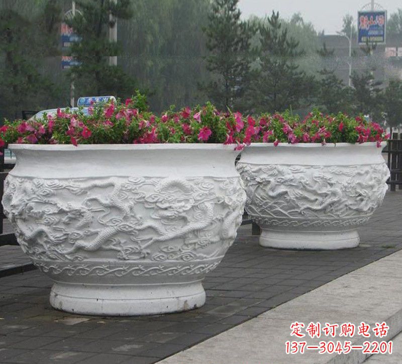 湖南汉白玉公园龙浮雕花盆