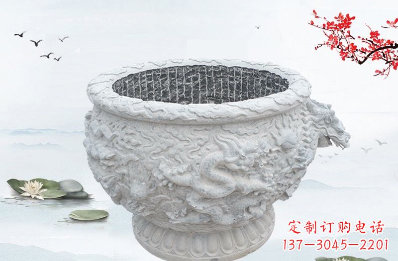 湖南汉白玉龙浮雕水缸,传承传统经典