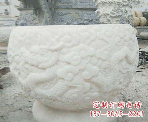 湖南汉白玉龙浮雕招财石水缸