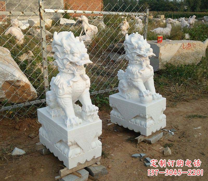 湖南汉白玉门口踩球麒麟石雕