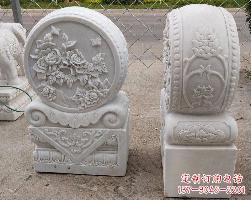 湖南汉白玉牡丹花门墩雕塑