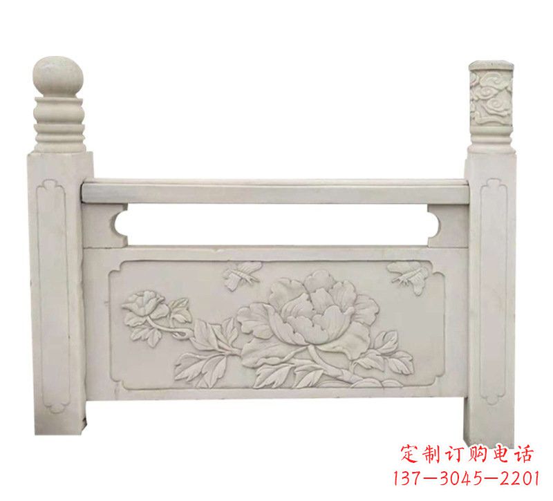 湖南汉白玉牡丹花浮雕栏板,雕塑定制精品