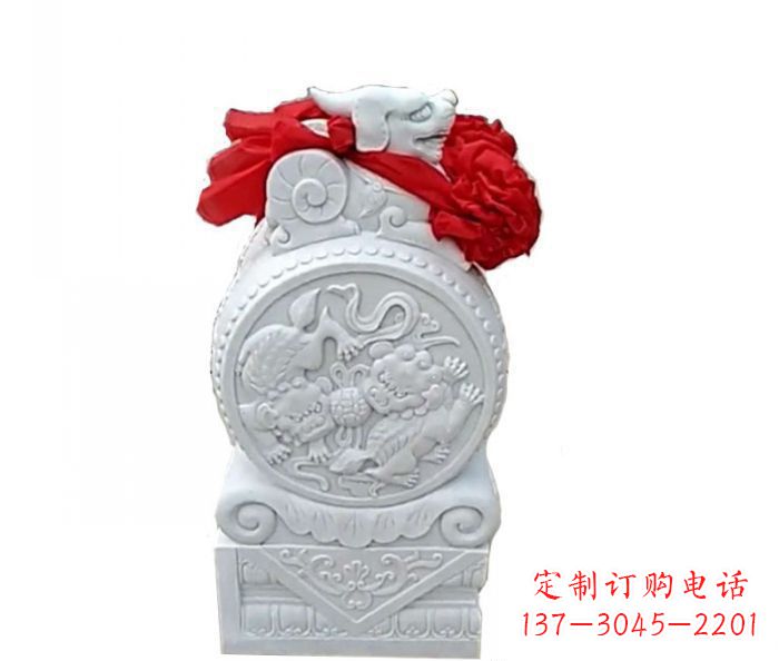 湖南汉白玉貔貅抱鼓石招财石门墩