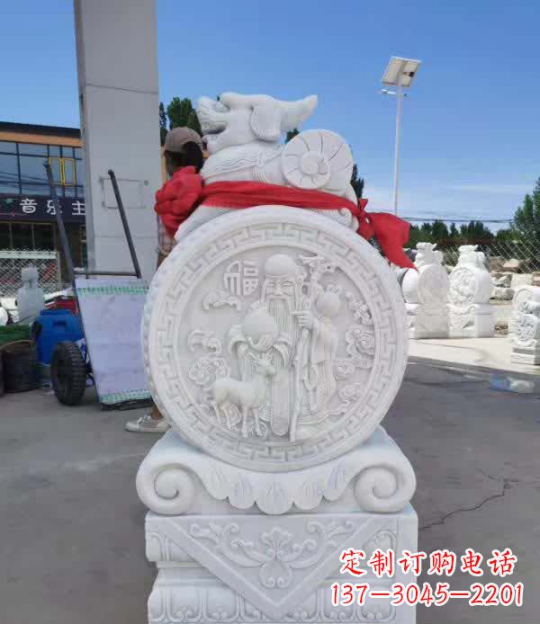 湖南汉白玉貔貅石门墩雕塑