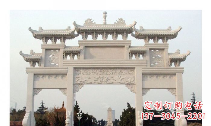 湖南汉白玉三门牌坊石雕艺术品