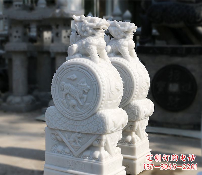 湖南汉白玉狮子辟邪门墩雕塑