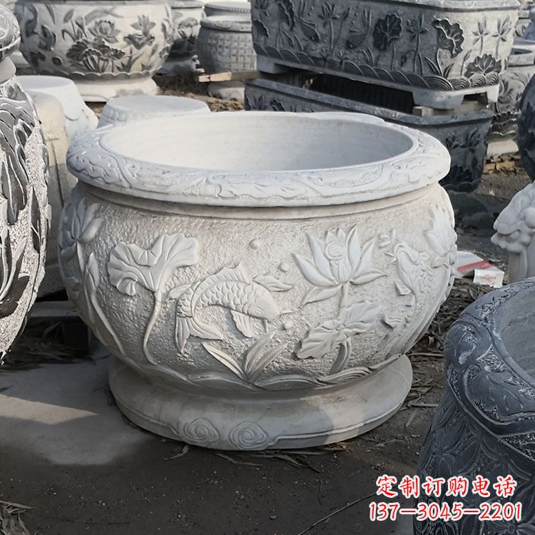 湖南中领雕塑汉白玉石鱼缸雕塑,是一种精美的装…