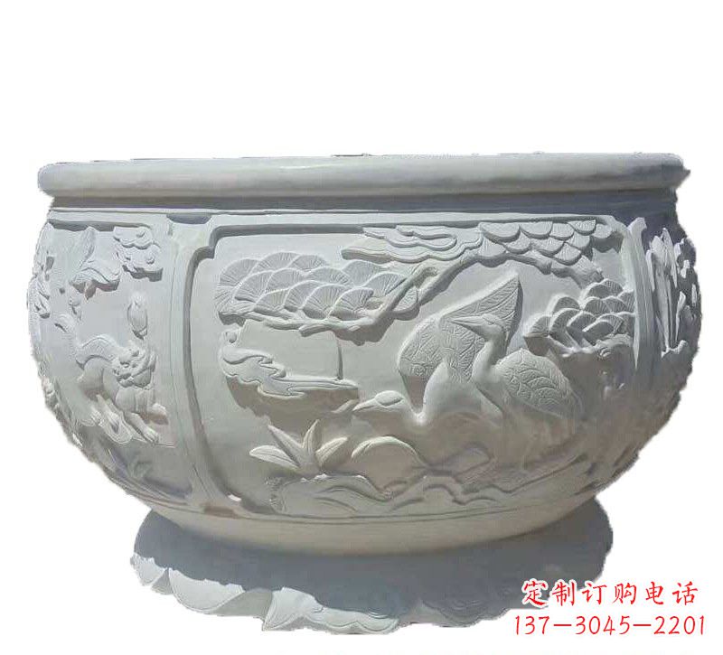 湖南汉白玉松鹤延年浮雕水缸,带给您无尽的岁月美景