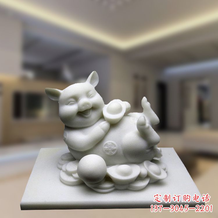 湖南汉白玉动物雕塑,招财猪石雕精美装饰