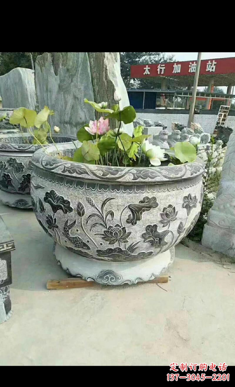 湖南精美荷花鲤鱼石浮雕水缸