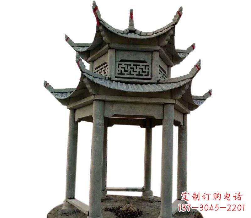 湖南传统双层六角凉亭石雕