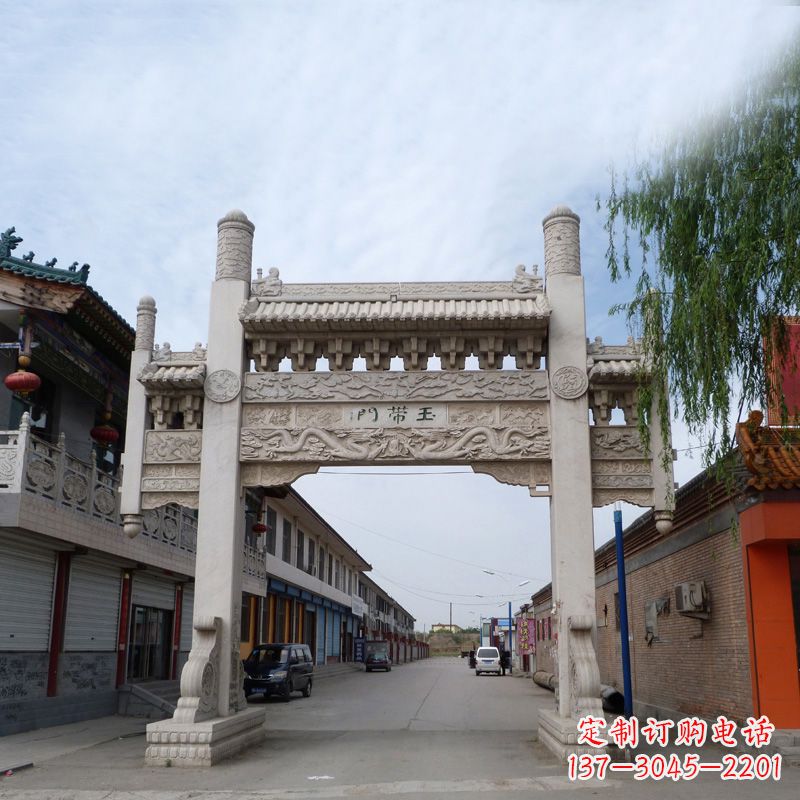 湖南精美的汉白玉门石牌坊雕塑
