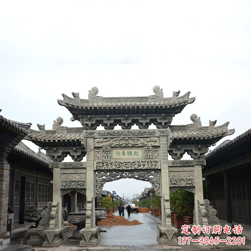 湖南特色街道三门石雕牌楼雕塑