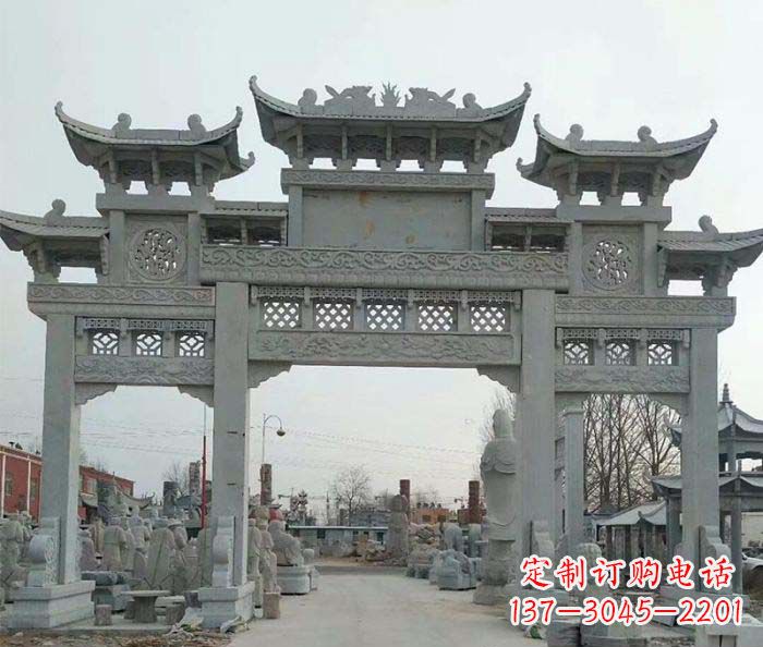 湖南三门牌坊石雕,精美汉风石雕装饰景区