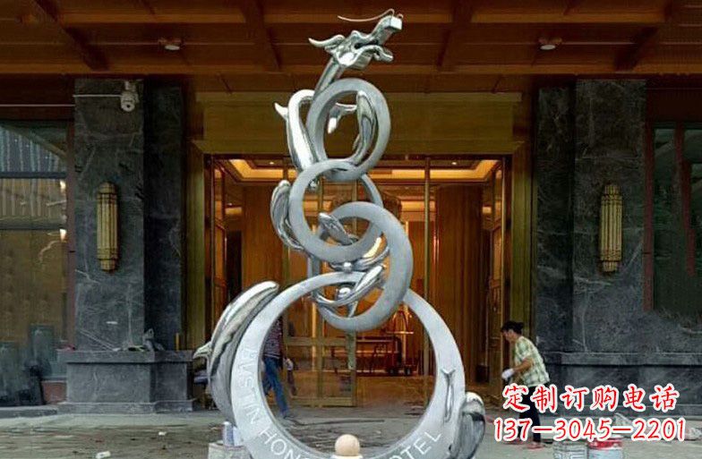 湖南酒店不锈钢抽象鱼跃龙门雕塑