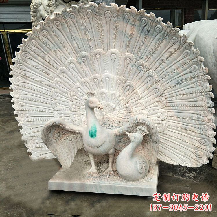 湖南汉白玉孔雀雕塑,传统工艺精致塑造
