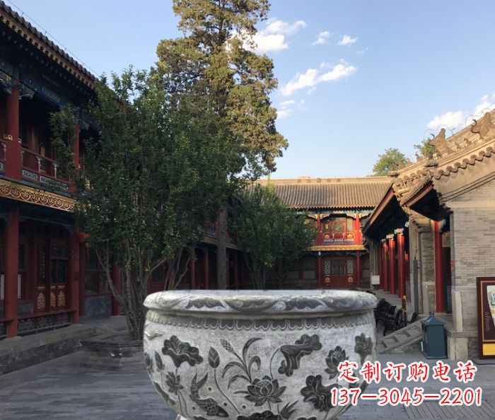 湖南连年有鱼石浮雕圆形荷花水缸