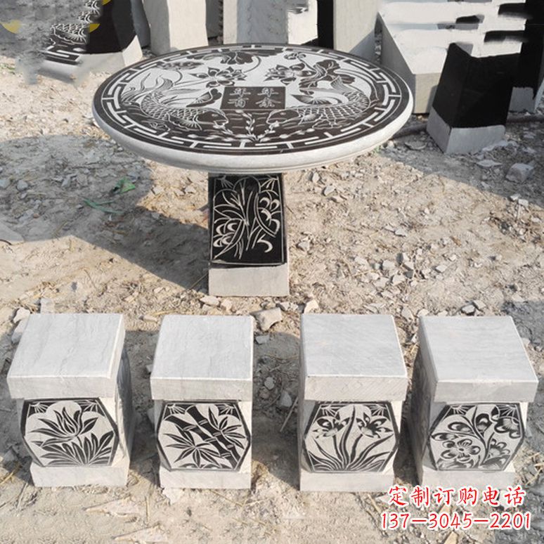 湖南梅兰竹菊仿古方石桌凳雕塑,古朴典雅