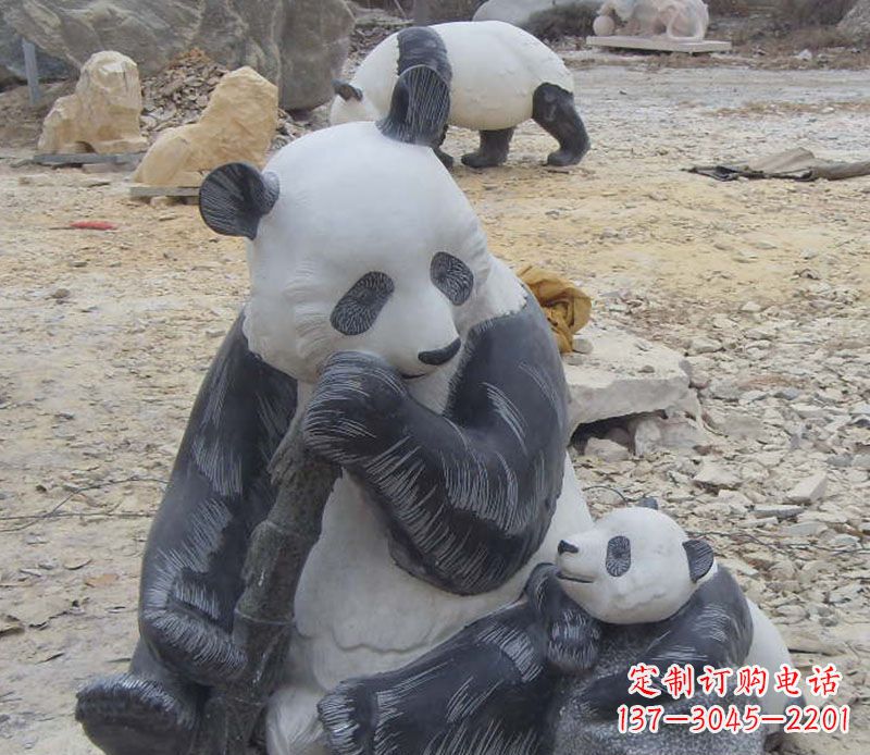湖南母子熊猫石雕仿真动物雕塑