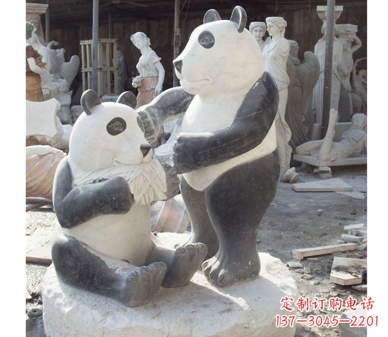 湖南母子熊猫石雕,传达真挚的亲情
