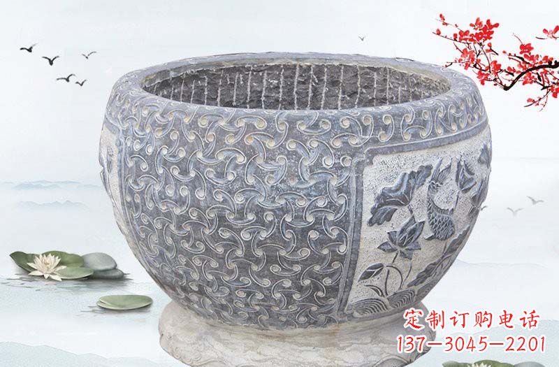 湖南青石仿古鲤鱼浮雕水缸,精致雕塑设计