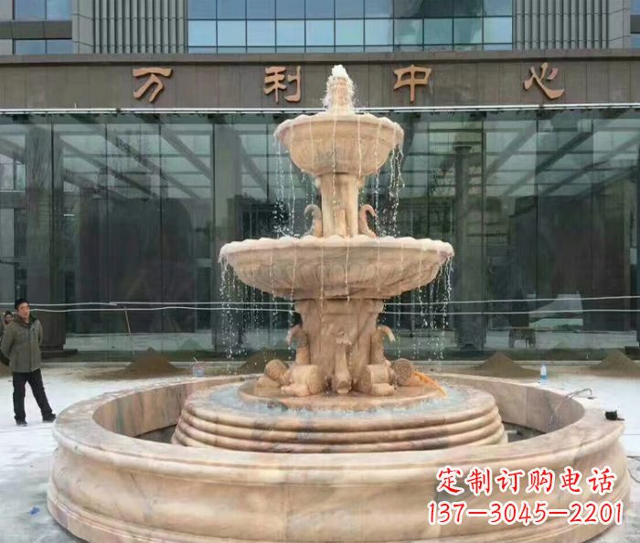 湖南晚霞红三层欧式喷泉石雕—来自中领雕塑的艺术匠心品质