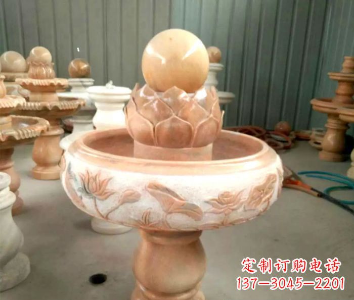湖南石来运转晚霞红风水球喷泉石雕