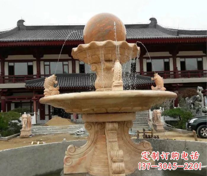 湖南双层风水球喷泉晚霞红石雕
