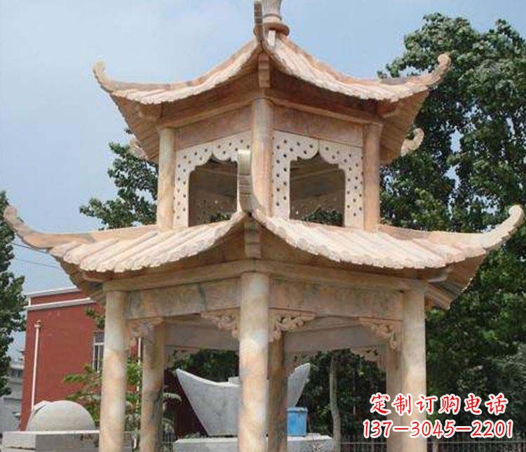湖南双层晚霞红凉亭石雕