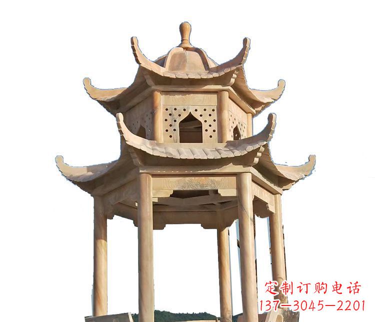 湖南双层晚霞红凉亭石雕 (2)