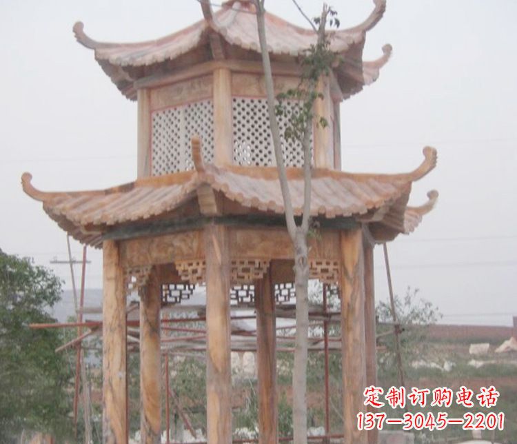 湖南双层晚霞红石凉亭石雕 (2)