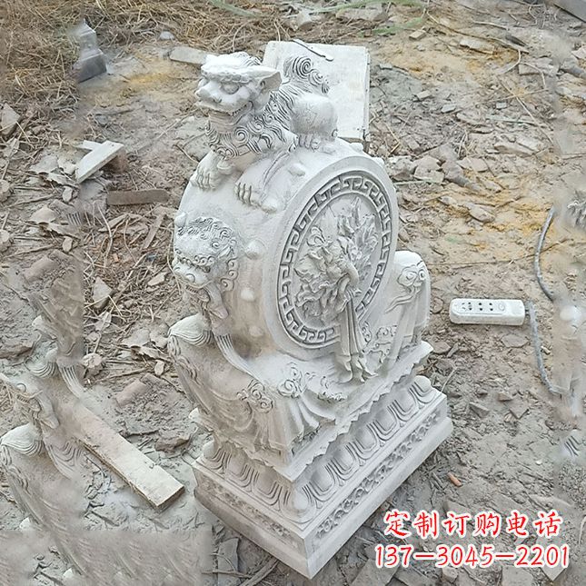 湖南双龙石雕门墩汉白玉狮子头