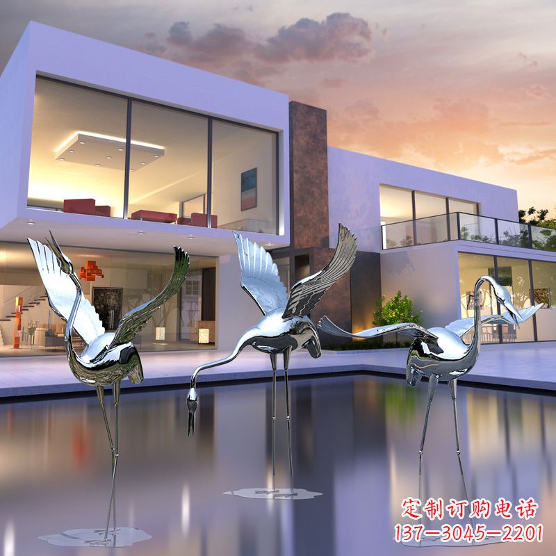 湖南水景仙鹤不锈钢镜面雕塑