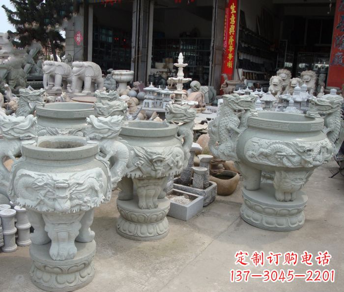 湖南寺庙景观龙头石雕水缸