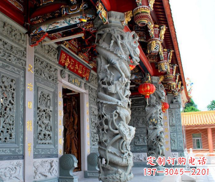 湖南寺庙景观龙柱石雕