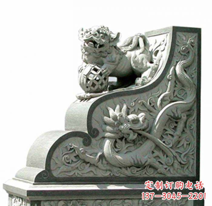 湖南寺庙景观玩绣球狮子石雕门墩