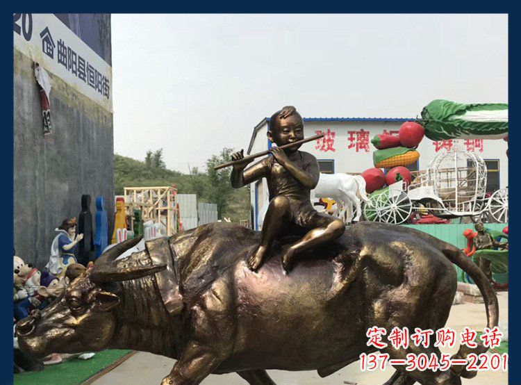 湖南田园铜雕木头骑黄牛动物雕塑