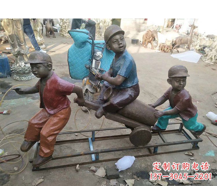 湖南铜雕彩绘庭院玩耍儿童雕塑