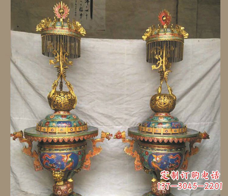 湖南铜雕彩绘香炉景观摆件