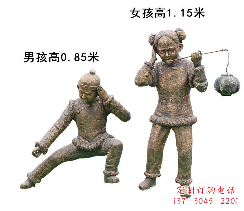 湖南铜雕放鞭炮的儿童童趣雕塑