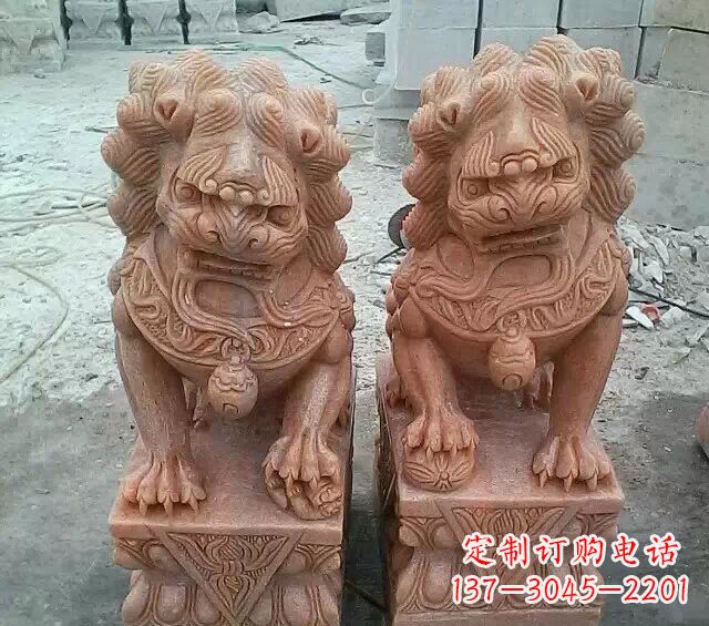 湖南晚霞红传统狮子石雕