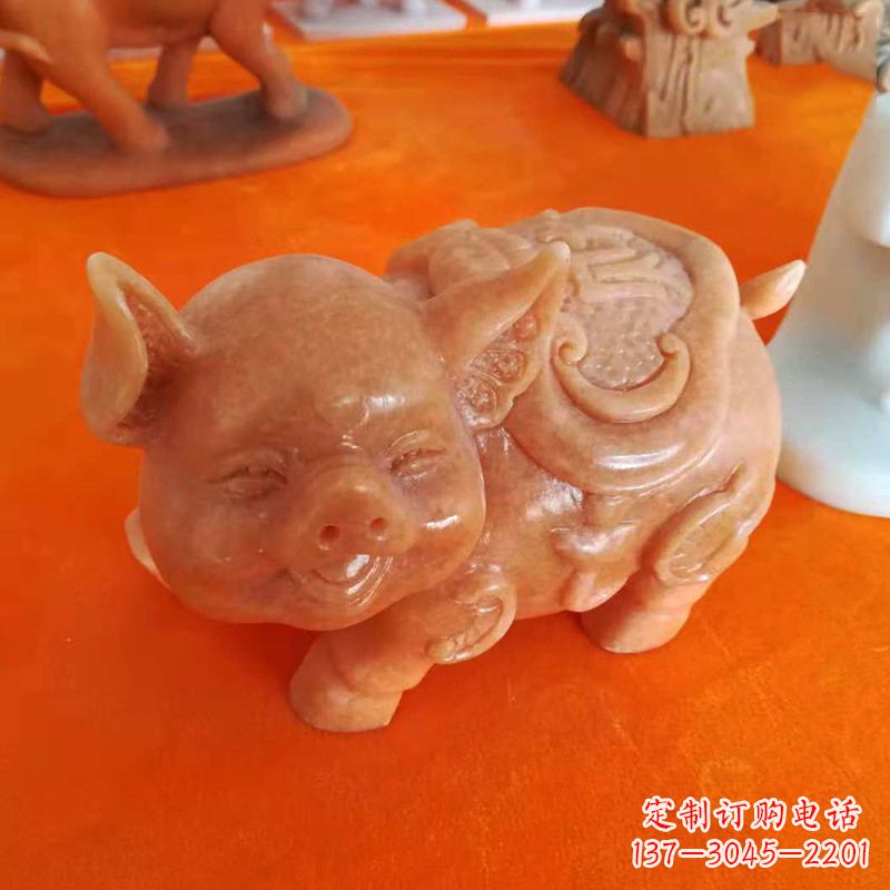 湖南晚霞红大理石招财猪雕塑-企业商场创意生肖动物风水摆件