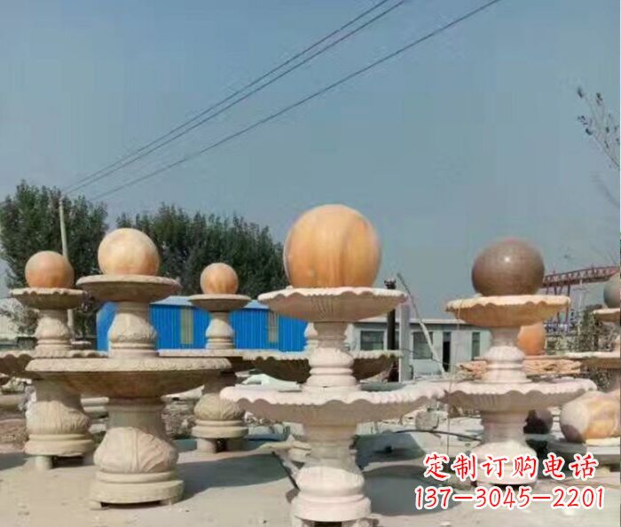 湖南晚霞红多层风水球喷泉石雕
