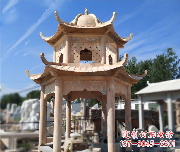 湖南晚霞红公园双层六角凉亭石雕