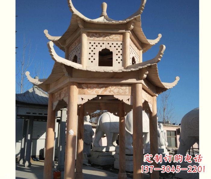 湖南晚霞红公园双层六角凉亭石雕 (2)