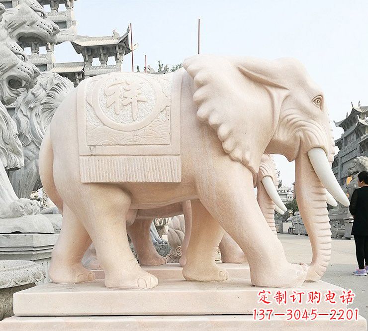 湖南晚霞红吉祥如意大象石雕