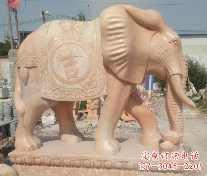 湖南晚霞红吉祥如意门口大象石雕 (2)