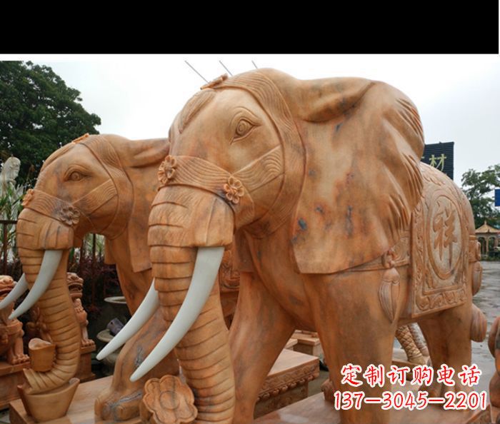 湖南晚霞红吉祥如意门口镇宅招财大象石雕 (3)