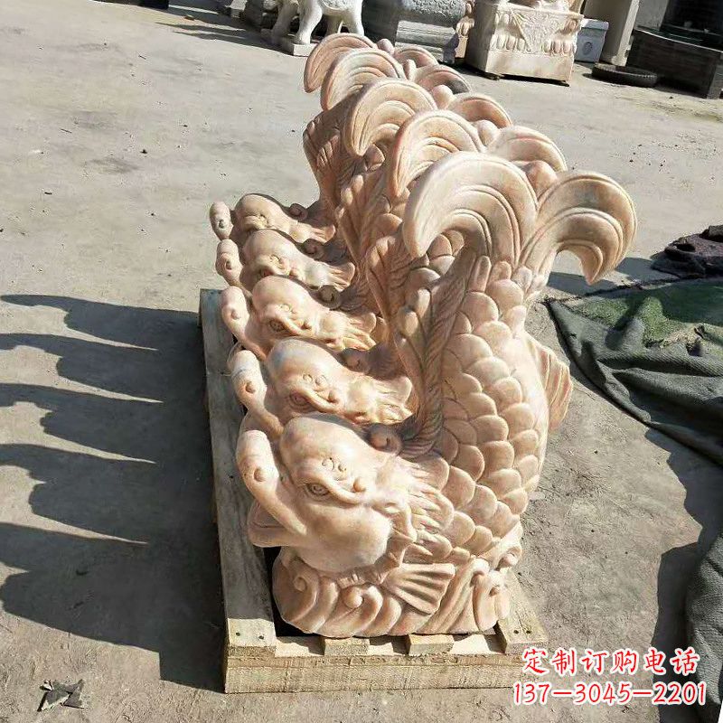 湖南晚霞红喷水鱼石雕-园林水景喷泉动物雕塑摆件