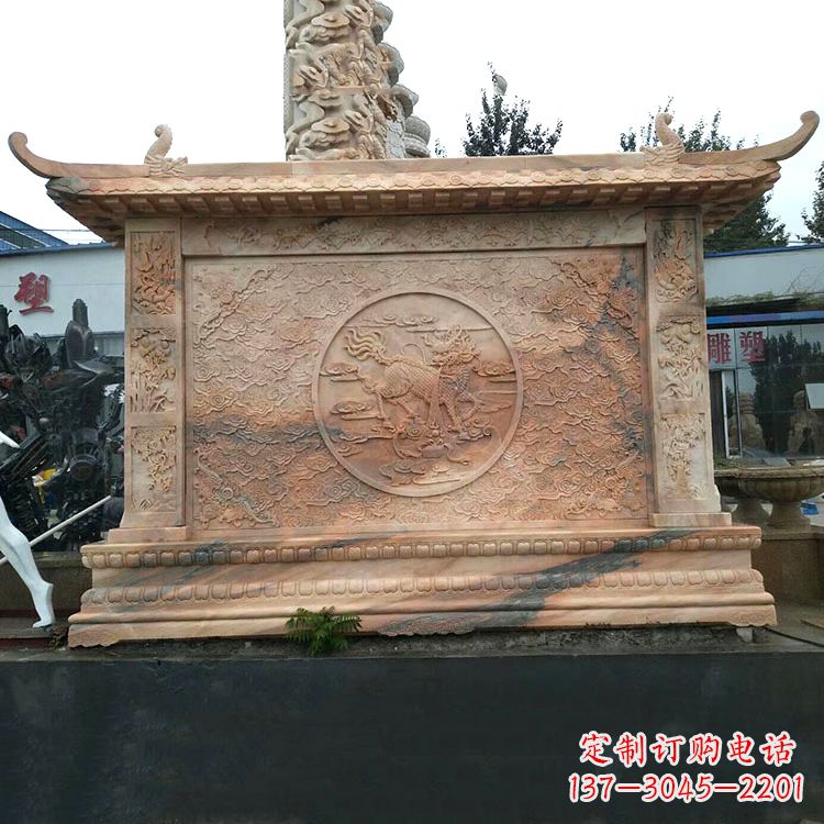 湖南晚霞红麒麟影壁墙石雕